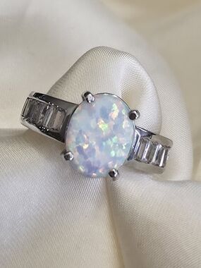 Lab-Created Opal And White CZ Silvertone Ring Size 8